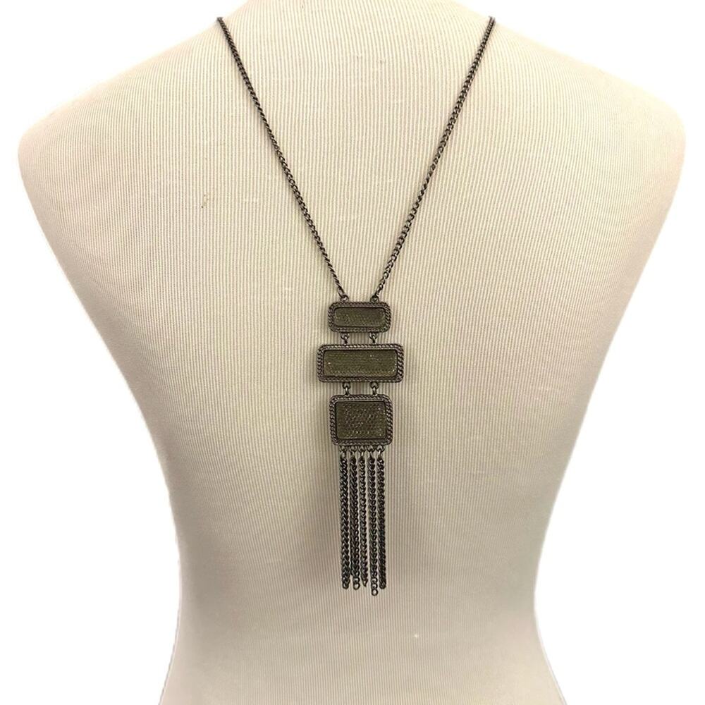 Sage Green Gray Bling Long Pendant Fringe Chunky Statement Necklace Boho